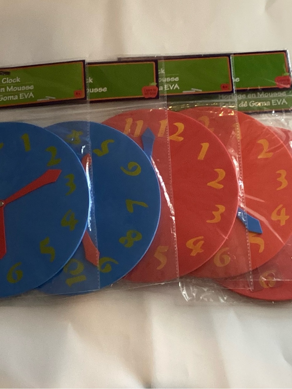 Lot Of 5 Large Foam Clock 3 Red 2 Blue, Learning Kid ToyTeacher Prekindergarten